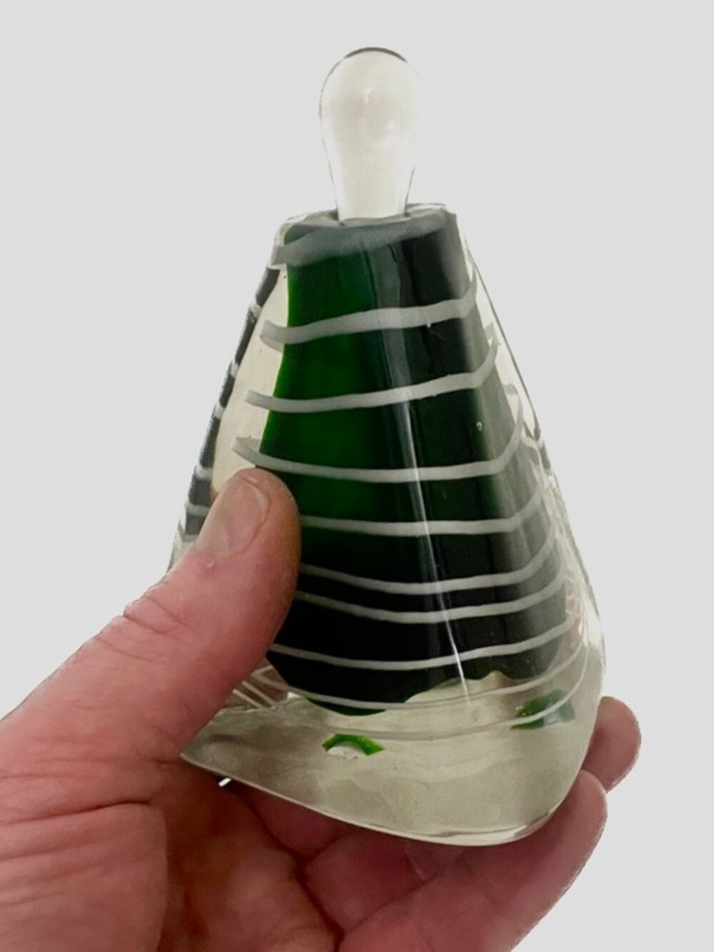 Triangular Emerald Green & White Spiral Art Glass Perfume Bottle